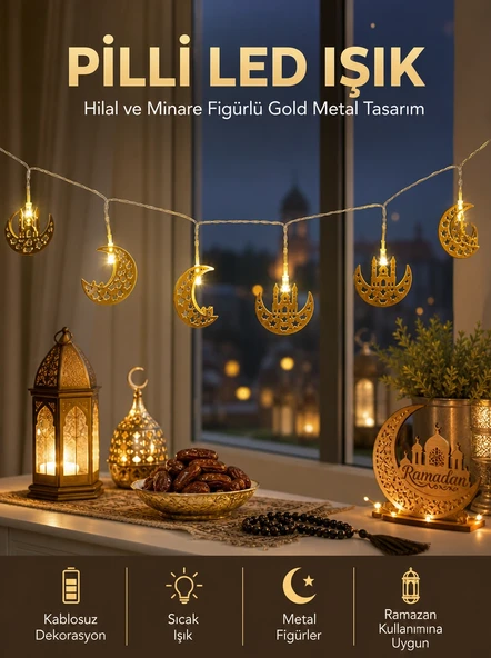 Pilli Minareli Hilal Led Işık Gold Metal Ramazan Dekorasyonu ürün görseli 1