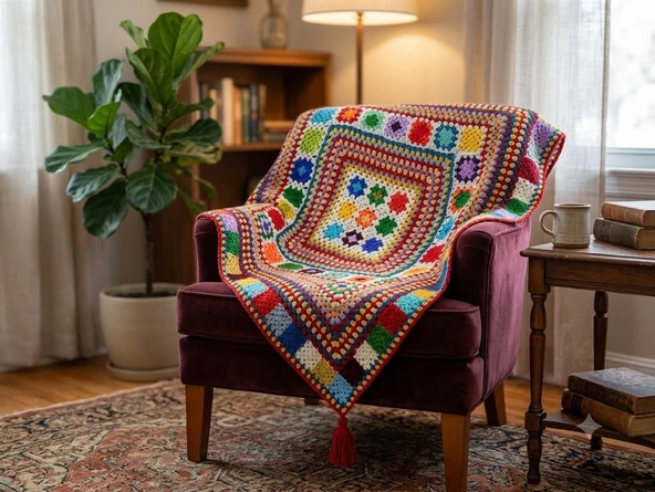 El Örgüsü Etnik Otantik Püsküllü Çok Amaçlı Örtü (75 Cm x 75 Cm) ürün görseli 1