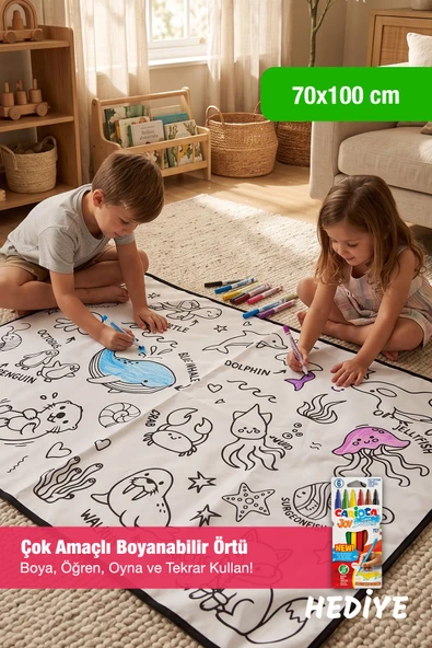 Deniz Canlıları Temalı 70x100 CM Boyutlu boyanabilir Çok Amaçlı Örtü Oyun Halısı - Yıkanabilir Boya Hediyeli ürün görseli 1