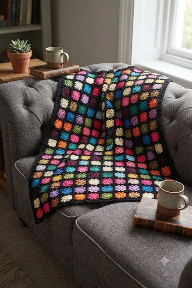 El Örgüsü Etnik Otantik Motifli Siyah Koltuk Şalı (100 cm X 100 cm) ürün görseli 1