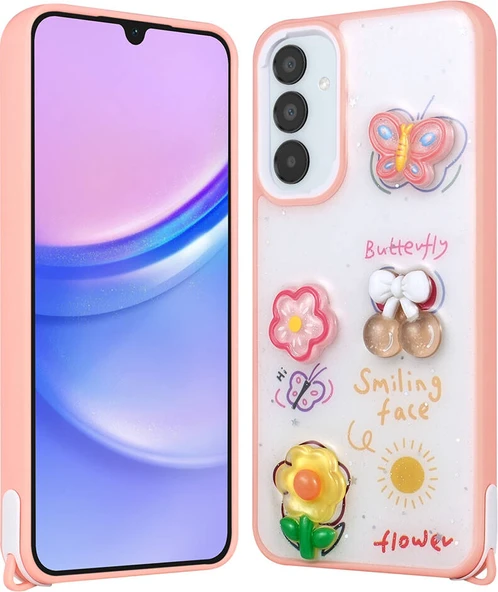 Galaxy A34 Kılıf Parlayan Sıvılı Simli Kabartma Figürlü Mnc Cevze Kapak-Pembe ürün görseli 1