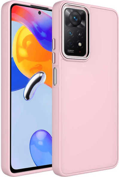 Xiaomi Redmi Note 11S Global Kılıf Metal Çerçeve ve Buton Tasarımlı Silikon Mnc Luna Kapak-Pembe ürün görseli 1