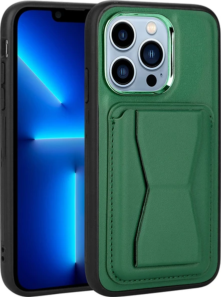 Apple iPhone 12 Pro Kılıf Kartlıklı Standlı ​pu Deri Mnc Memo Kapak-Koyu Yeşil ürün görseli 1