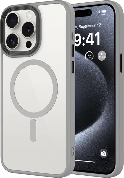 Apple iPhone 15 Pro Max Kılıf Mat Arka Yüzey Wireless Şarj Özellikli Mnc Flet Magsafe Kapak-Titanyum ürün görseli 1