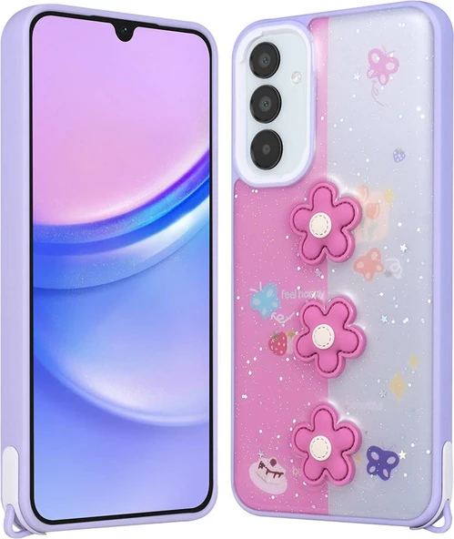 Galaxy A54 Kılıf Parlayan Sıvılı Simli Kabartma Figürlü Mnc Cevze Kapak-Mor Papatya ürün görseli 1