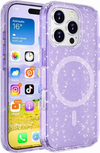 Apple iPhone 16 Pro Max Kılıf Magsafe Şarj Özellikli Parlayan Simli Saydam Renkli Mnc Allstar Kapak ürün görseli 1