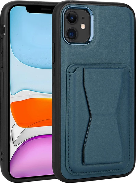 Apple iPhone 11 Kılıf Kartlıklı Standlı ​pu Deri Mnc Memo Kapak-Lacivert ürün görseli 1