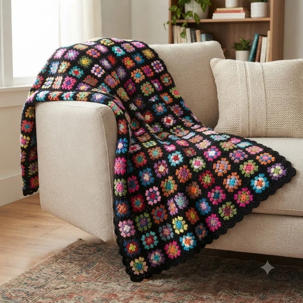 El Örgüsü Etnik Otantik Motifli Siyah Koltuk Şalı (100 cm X 100 cm) ürün görseli 1