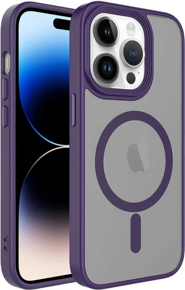 Apple iPhone 14 Pro Max Kılıf Mat Arka Yüzey Wireless Şarj Özellikli Mnc Flet Magsafe Kapak-Derin Mor ürün görseli 1