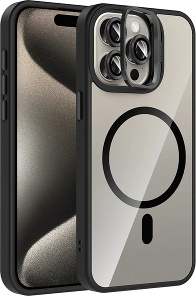 iPhone 15 Pro Max Kılıf Standlı ve Kamera Lens Hediyeli M-Safe Şarj Özellikli Mnc Etro Kapak - Siya ürün görseli 1