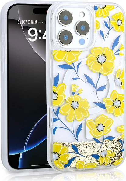 iPhone 15 Pro Max Uyumlu Kılıf Sıvılı Simli Baskılı Şeffaf Arka Yüzey Mnc Mossa Silikon Kapak-Sarı ürün görseli 1