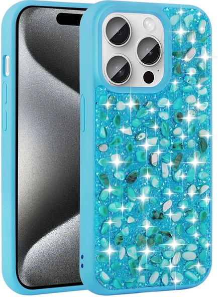 Apple iPhone 15 Pro Kılıf Parlak Taşlı Tasarım Mnc Linea Kapak-Mavi Açık ürün görseli 1