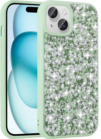 Apple iPhone 15 Kılıf Parlak Taşlı Tasarım Mnc Linea Kapak-Açık Yeşil ürün görseli 1