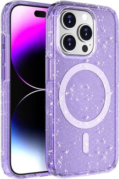 Apple iPhone 15 Pro Max Kılıf Magsafe Şarj Özellikli Parlayan Simli Saydam Renkli Mnc Allstar Kapak-Mor ürün görseli 1