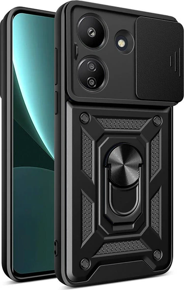 Xiaomi Redmi 13C Kılıf Magnetik Standlı Kamera Korumalı Mnc Sürgülü Vega Kapak-Siyah ürün görseli 1