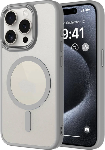 Apple iPhone 15 Pro Max Kılıf Wireless Şarj Özellikli Mnc Krom Magsafe Silikon Kapak-Gri ürün görseli 1