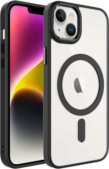 Apple iPhone 14 Kılıf Wireless Şarj Özellikli Mnc Krom Magsafe Silikon Kapak-Siyah ürün görseli 1