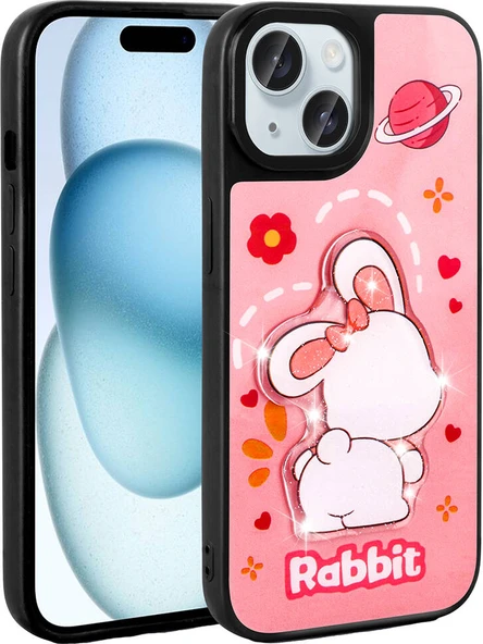 Apple iPhone 15 Kılıf Parlayan Kabartmalı Ikonik Figürlü Mnc Amas Silikon Kapak-Pembe ürün görseli 1