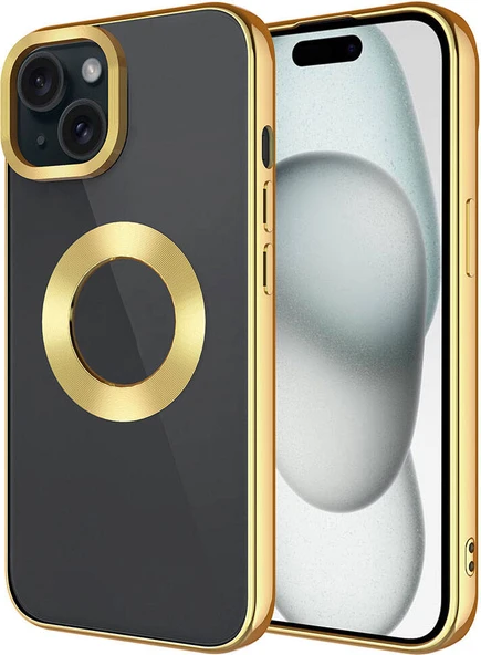 Apple iPhone 15 Kılıf Tek Kamera Çerçeveli Logo Gösteren Mnc Omega Kapak-Gold ürün görseli 1