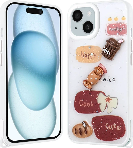 Apple iPhone 15 Plus Kılıf Parlayan Sıvılı Simli Kabartma Figürlü Mnc Cevze Kapak-Beyaz ürün görseli 1