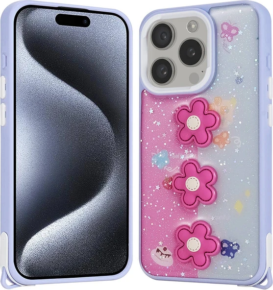 Apple iPhone 15 Pro Kılıf Parlayan Sıvılı Simli Kabartma Figürlü Mnc Cevze Kapak-Mor Papatya ürün görseli 1