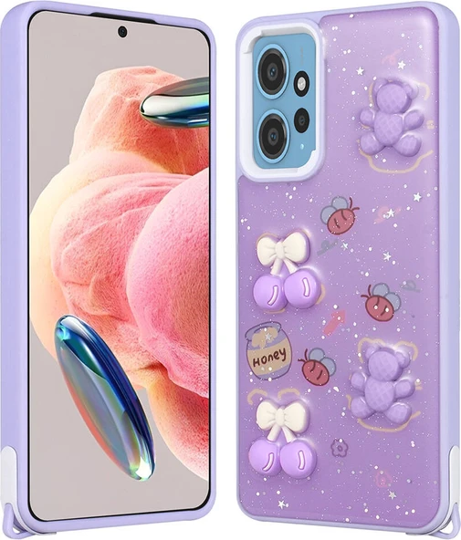 Xiaomi Redmi Note 12 4g Kılıf Parlayan Sıvılı Simli Kabartma Figürlü Mnc Cevze Kapak-Mor Ayı ürün görseli 1