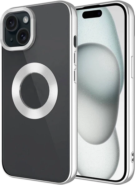 Apple iPhone 15 Kılıf Tek Kamera Çerçeveli Logo Gösteren Mnc Omega Kapak-Gümüş ürün görseli 1