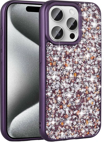Apple iPhone 15 Pro Kılıf Parlak Taşlı Tasarım Mnc Linea Kapak-Derin Mor ürün görseli 1