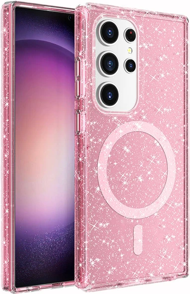 Galaxy S24 Ultra Kılıf Magsafe Şarj Özellikli Parlayan Simli Saydam Renkli Mnc Allstar Kapak-Pembe ürün görseli 1