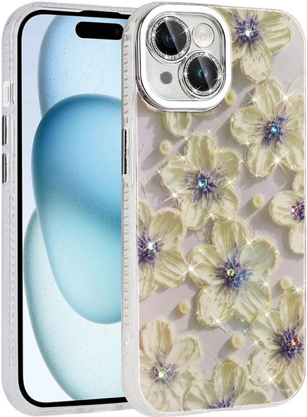 Apple iPhone 15 Kılıf Çiçek Desenli Parlak Taşlı Sert Silikon Mnc Garden Kapak-Mavi ürün görseli 1