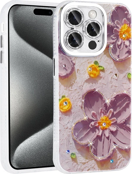 Apple iPhone 14 Pro Max Kılıf Çiçek Desenli Parlak Taşlı Sert Silikon Mnc Garden Kapak-Mor ürün görseli 1