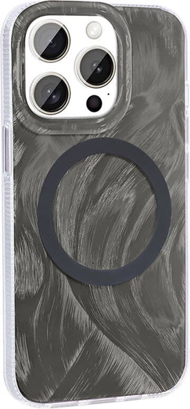 Apple iPhone 15 Pro Max Kılıf Magsafe Şarj Özellikli Fırça Boya Desenli Mnc Palet Kapak-Gri ürün görseli 1