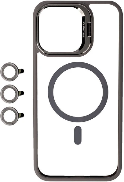 Apple iPhone 15 Pro Max Kılıf Magsafe Wireless Şarj Özellikli Standlı Mnc Magsafe Klon Lensli Kapak-Gri ürün görseli 1