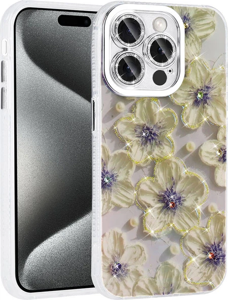 Apple iPhone 15 Pro Max Kılıf Çiçek Desenli Parlak Taşlı Sert Silikon Mnc Garden Kapak-Mavi ürün görseli 1