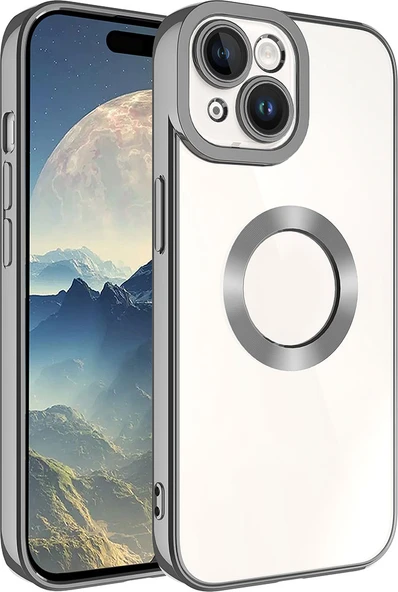 Apple iPhone 15 Kılıf Kamera Korumalı Logo Gösteren Mnc Omega Kapak-Koyu Gri ürün görseli 1