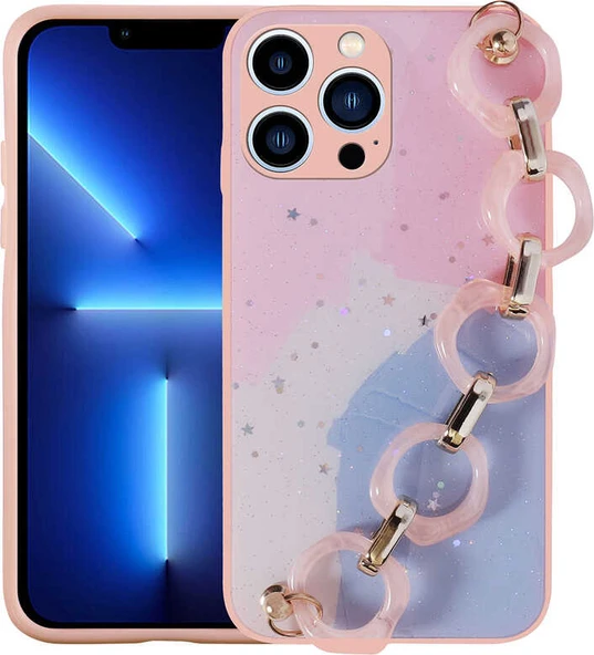 iPhone 12 Pro Max Uyumlu Simli Desenli El Askılı Tutacaklı Mnc Elsa Silikon Kapak-Pembe ürün görseli 1