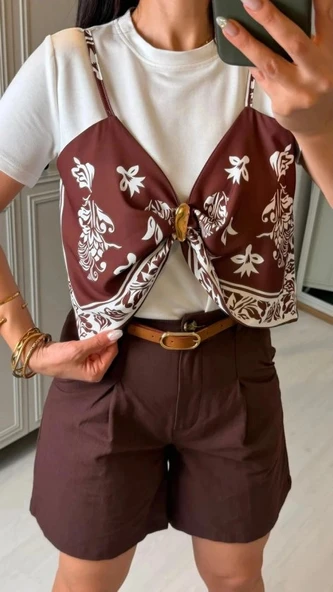 Kadın şal Desen Detay Bluz Ve Keten şort Ikili Takım ürün görseli 1