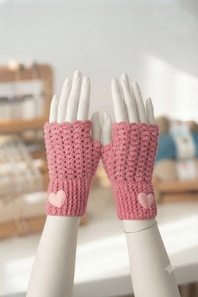 El Örgüsü Kalpli Yarım Parmak Pembe Eldiven ürün görseli 1
