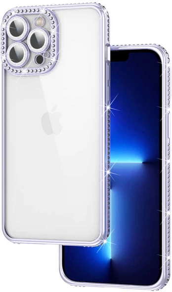 iPhone 13 Pro Uyumlu Kamera Korumalı Taşlı Mnc Mina Kapak-Lila ürün görseli 1