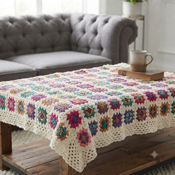 El Örgüsü Etnik Otantik Motifli Ekru Koltuk Şalı (95 cm X 95 cm) ürün görseli 1