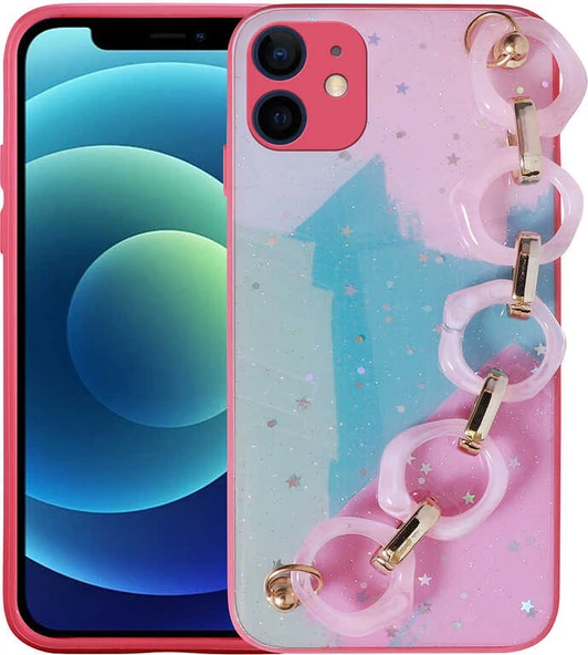 iPhone 12 Kılıf Simli Desenli El Askılı Tutacaklı Mnc Elsa Silikon Kapak-Pembe Koyu ürün görseli 1