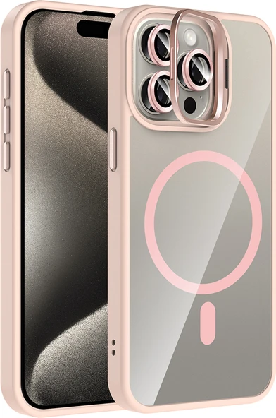 iPhone 15 Pro Kılıf Standlı ve Kamera Lens Hediyeli M-Safe Şarj Özellikli Mnc Etro Kapak - Pembe ürün görseli 1