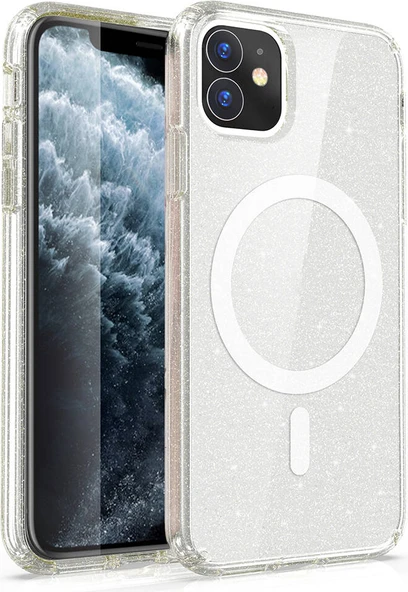 Apple iPhone 11 Kılıf Magsafe Şarj Özellikli Parlayan Simli Saydam Renkli Mnc Allstar Kapak-Şeffaf ürün görseli 1