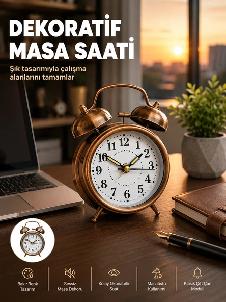 Retro Tarz Bronz Dekoratif Masa Saati Metal Gövde Yüksek Sesli Alarm ürün görseli 1