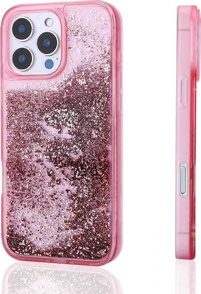iPhone 12 Pro Uyumlu Kılıf Sıvılı Simli Şeffaf Arka Yüzey Mnc Keto Silikon Kapak-Pembe ürün görseli 1
