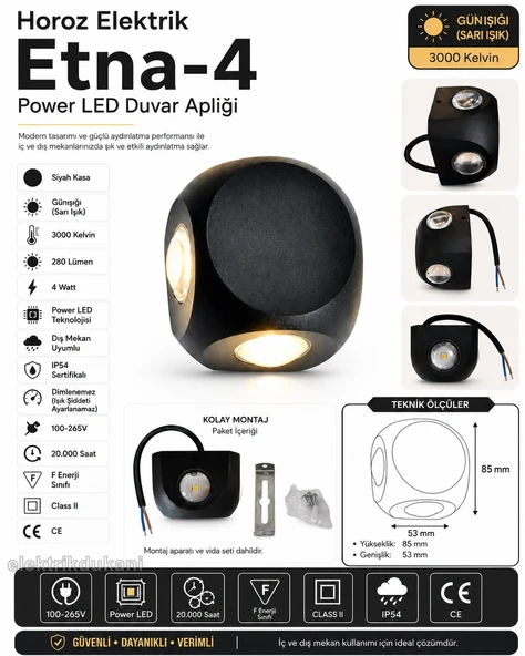 HOROZ Etna-4 4w Sarı Işık 3000k Star (Yıldız) Efektli Duvar Aplik Siyah Kasa 280lm 4 Watt 220 Volt IP54 (Günışığı) ürün görseli 1