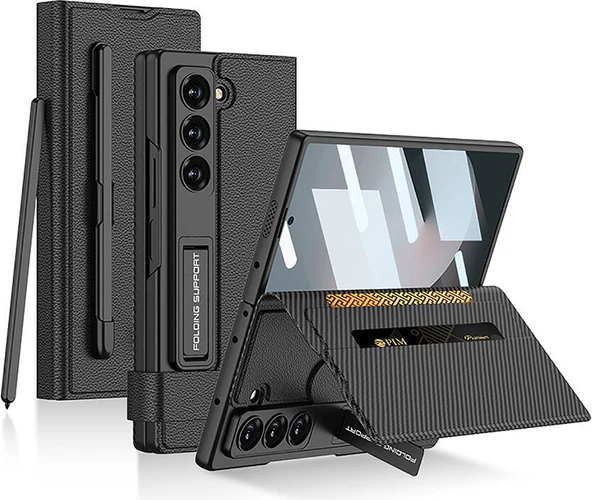 Galaxy Z Fold 6 Suni Deri Tasarımlı Kalem Bölmeli Mnc Kıpta Kartlıklı Standlı Kapak-Siyah Litchi ürün görseli 1