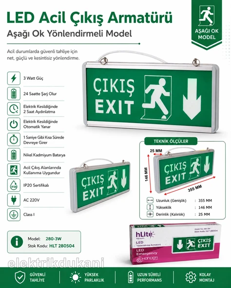 HLİTE Exıt Çıkış Aşağı Ok İşaretli Şarjlı Yönlendirme Armatürü Levhası 3w 220v IP20 ürün görseli 1