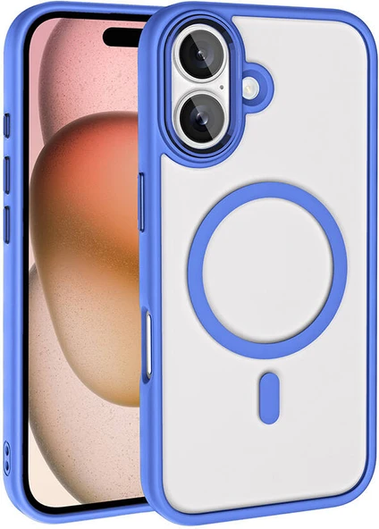 Apple iPhone 16 Plus Kılıf Wireless Şarj Özellikli Mnc Krom Magsafe Silikon Kapak-Mavi ürün görseli 1