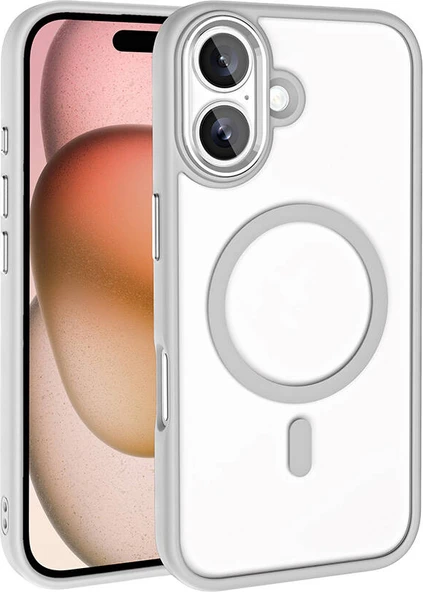 Apple iPhone 16 Plus Kılıf Wireless Şarj Özellikli Mnc Krom Magsafe Silikon Kapak-Gümüş ürün görseli 1